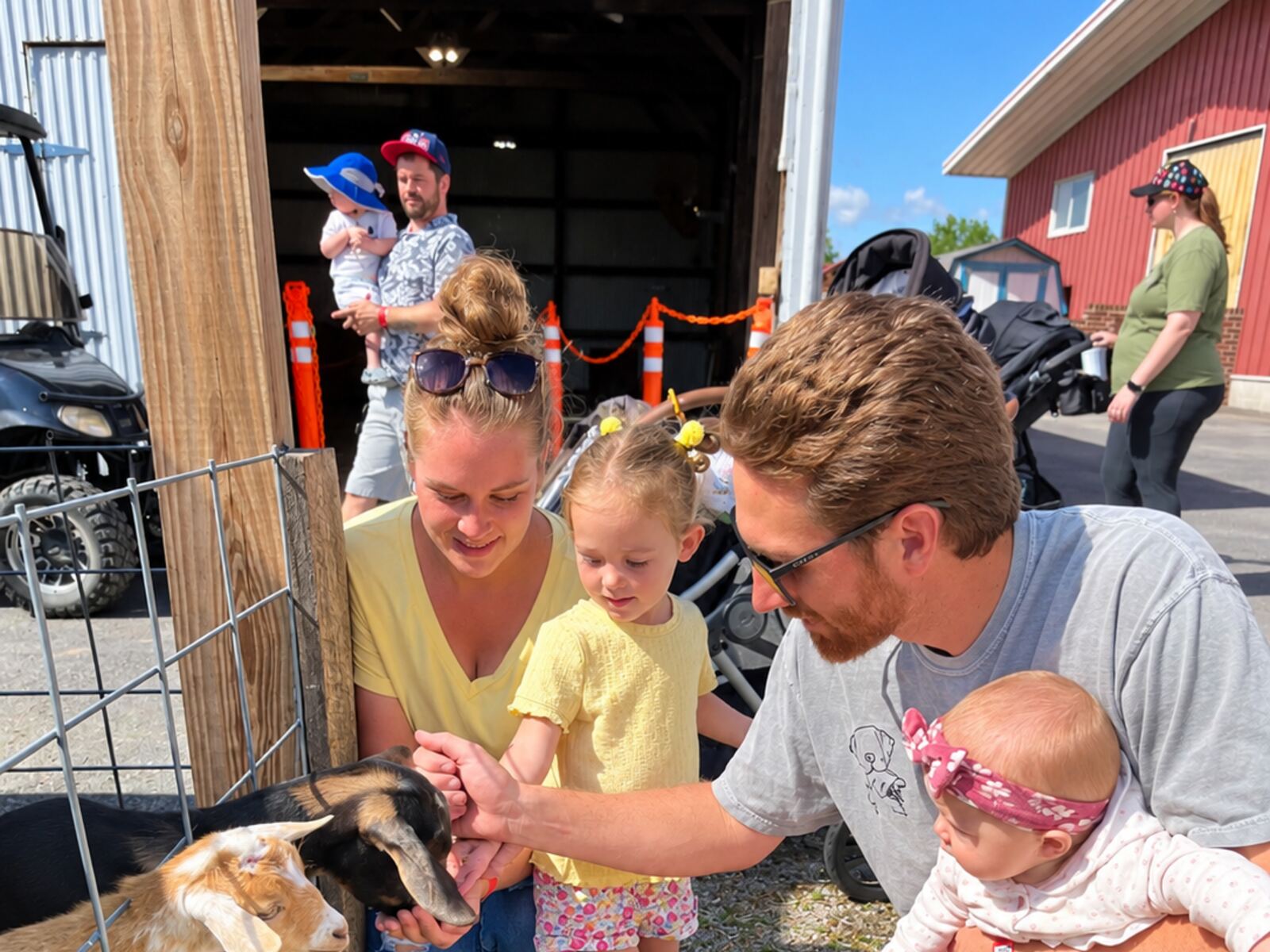 Family feeding goats at the farm