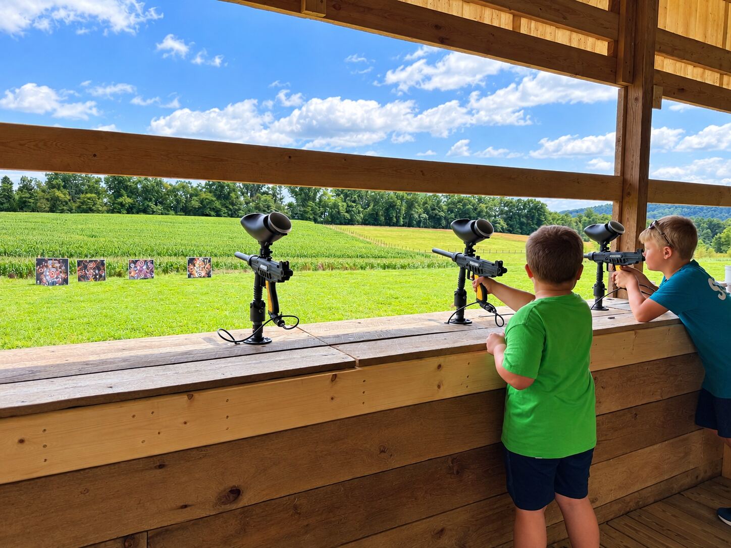 Two boys taking aim with paintball markers at targets across the field