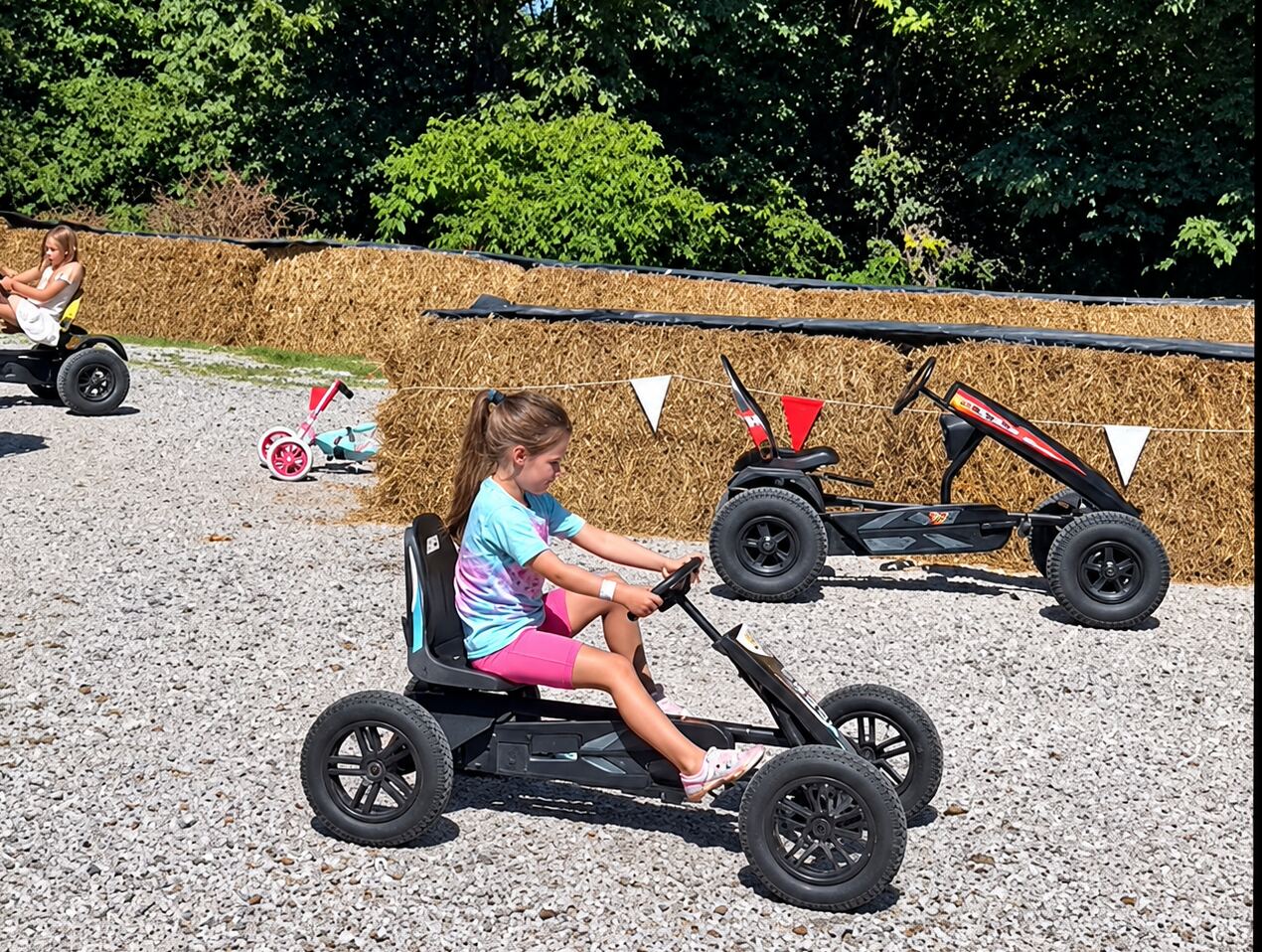 Girl pedaling a kart on the gravel track